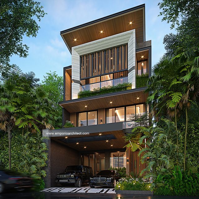 Desain Tampak Depan 2 Rumah Modern 3 Lantai Bapak STJ di Jakarta Barat