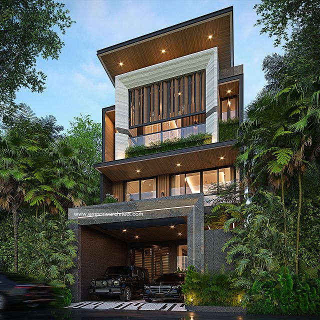 Desain Tampak Depan Dengan Pagar Rumah Modern 3 Lantai Bapak STJ di Jakarta Barat