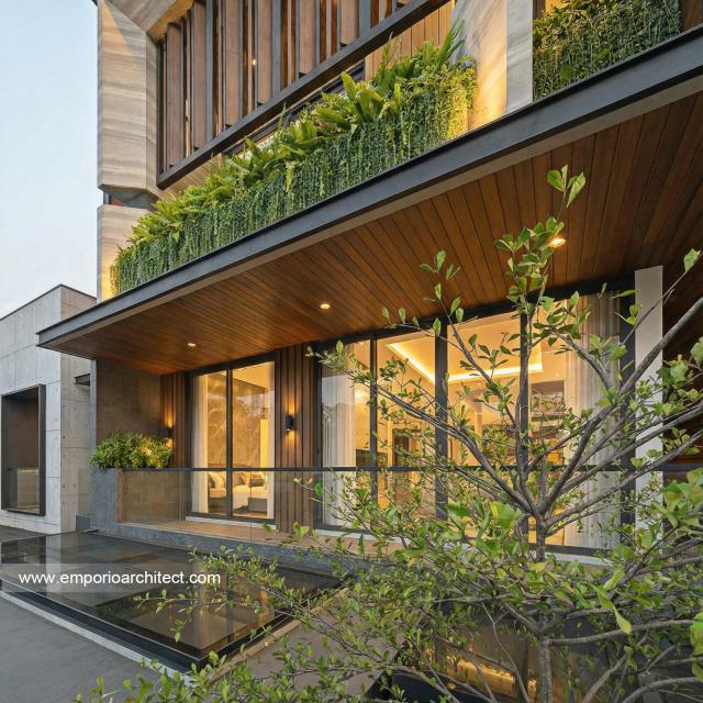 Desain Tampak Detail Depan 2 Rumah Modern 3 Lantai Bapak STJ di Jakarta Barat