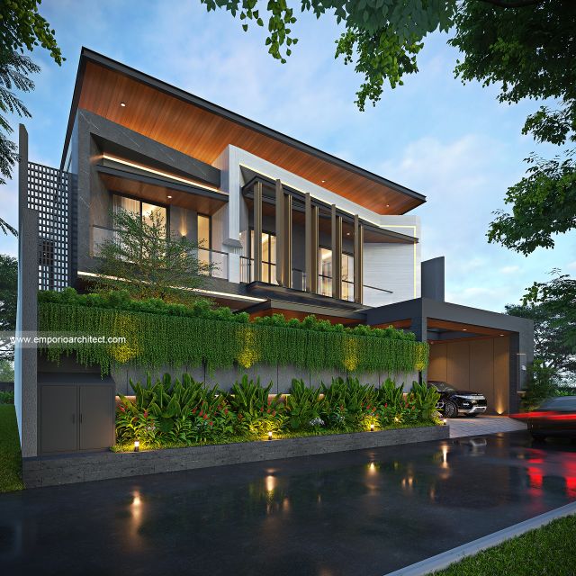 Desain Tampak Depan Dengan Pagar Rumah Modern 2 Lantai Bapak MZA di Sulawesi Selatan
