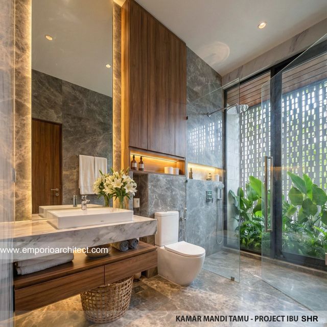 Desain Kamar Mandi Tamu Rumah Modern 3 Lantai Ibu SHR di BSD, Tangerang Selatan