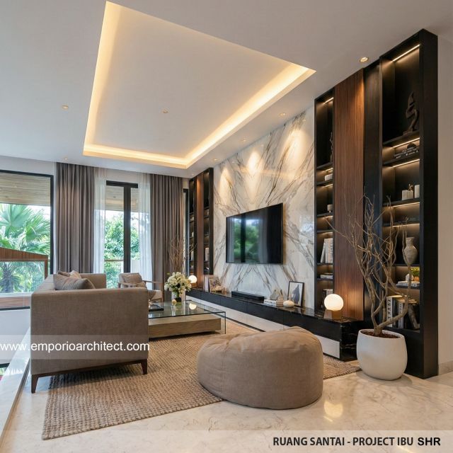 Desain Ruang Santai Rumah Modern 3 Lantai Ibu SHR di BSD, Tangerang Selatan