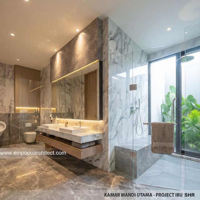 Desain Kamar Mandi Utama Rumah Modern 3 Lantai Ibu SHR di BSD, Tangerang Selatan