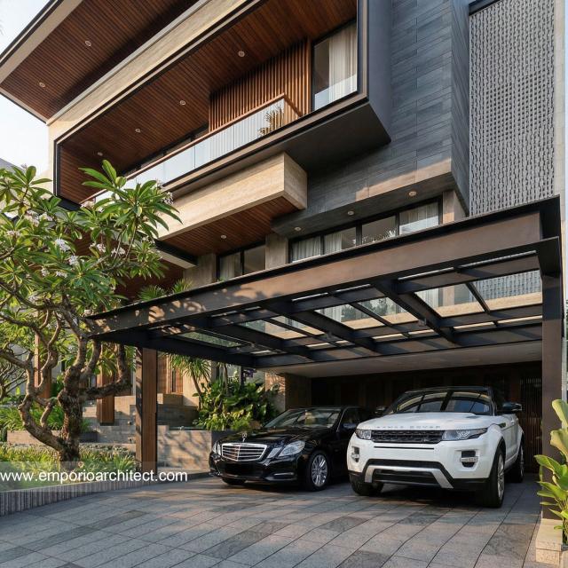 Desain Tampak Detail Depan Rumah Modern 3 Lantai Ibu SHR di BSD, Tangerang Selatan