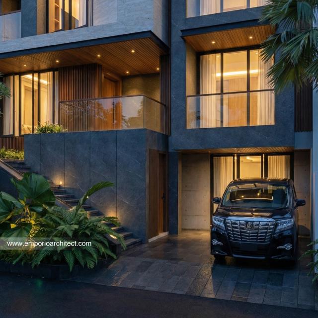 Desain Tampak Detail Carport Rumah Modern 3 Lantai Bapak ALV di Tangerang