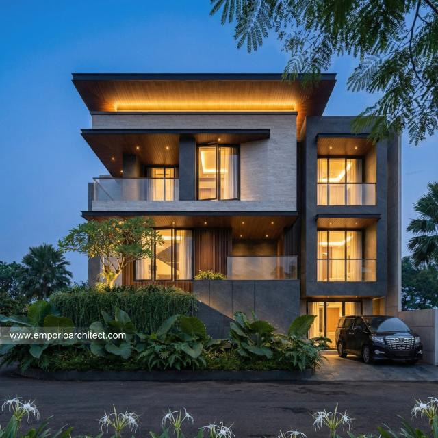Desain Tampak Depan Rumah Modern 3 Lantai Bapak ALV di Tangerang
