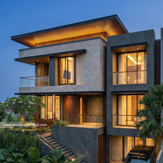 Desain Tampak Detail Depan Rumah Modern 3 Lantai Bapak ALV di Tangerang