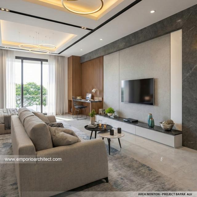 Desain Area Nonton Rumah Modern 3 Lantai Bapak ALV di Tangerang