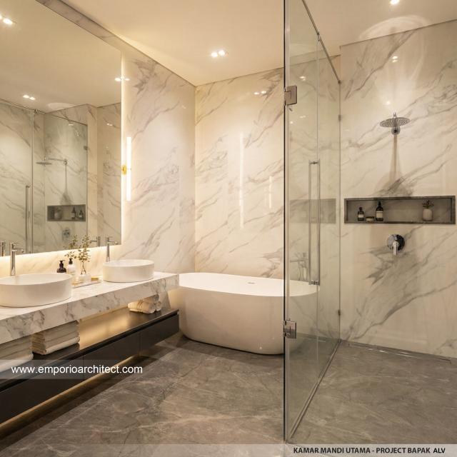 Desain Kamar Mandi Utama Rumah Modern 3 Lantai Bapak ALV di Tangerang