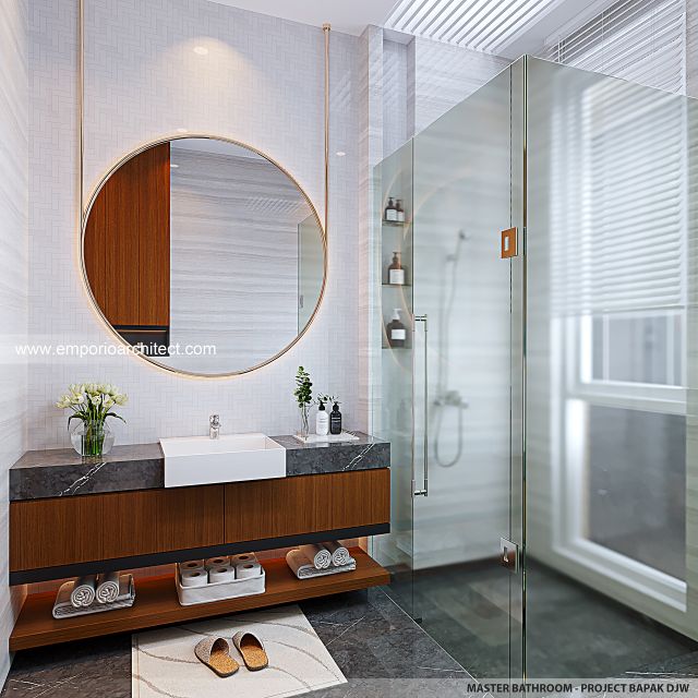 Desain Kamar Mandi Utama Rumah Modern 3 Lantai Bapak DJW di Jakarta