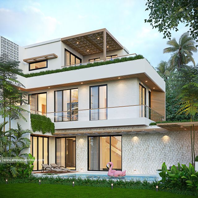 Desain Tampak Samping Rumah Modern 3 Lantai Bapak RKA di Badung, Bali