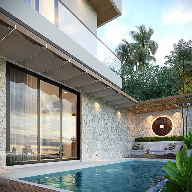 Desain Tampak Detail Samping Rumah Modern 3 Lantai Bapak RKA di Badung, Bali