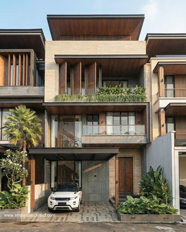 Desain Tampak Depan 2 Rumah Modern 3 Lantai Bapak CR di PIK 2, Tangerang