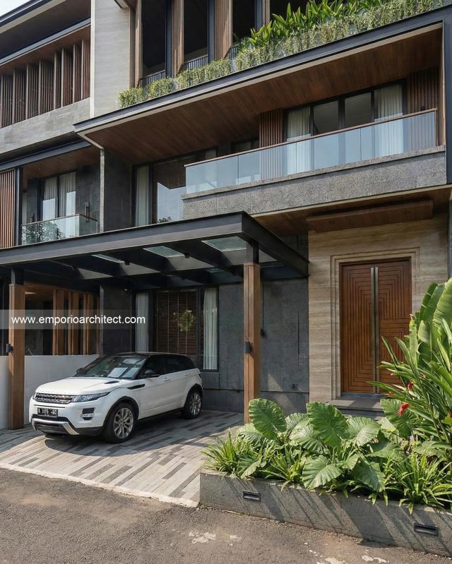 Desain Tampak Detail Depan Rumah Modern 3 Lantai Bapak CR di PIK 2, Tangerang
