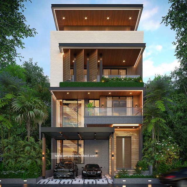 Desain Tampak Depan Rumah Modern 3 Lantai Bapak CR di PIK 2, Tangerang