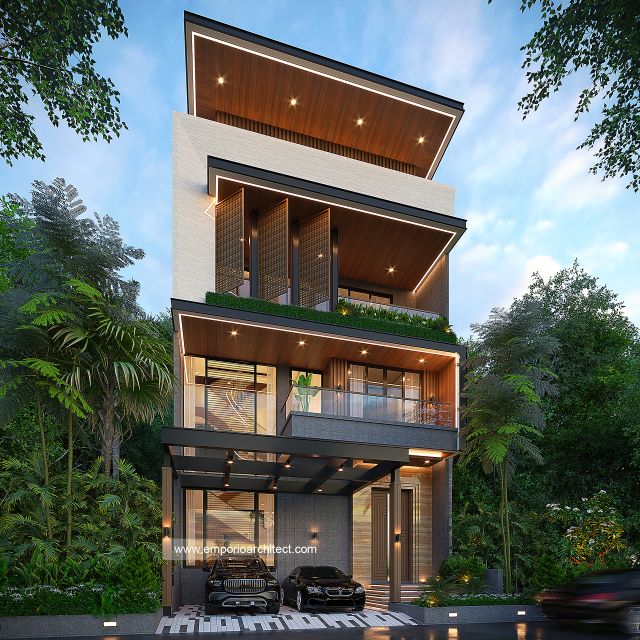 Desain Tampak Depan 2 Rumah Modern 3 Lantai Bapak CR di PIK 2, Tangerang