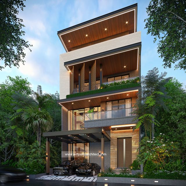 Desain Tampak Depan 3 Rumah Modern 3 Lantai Bapak CR di PIK 2, Tangerang