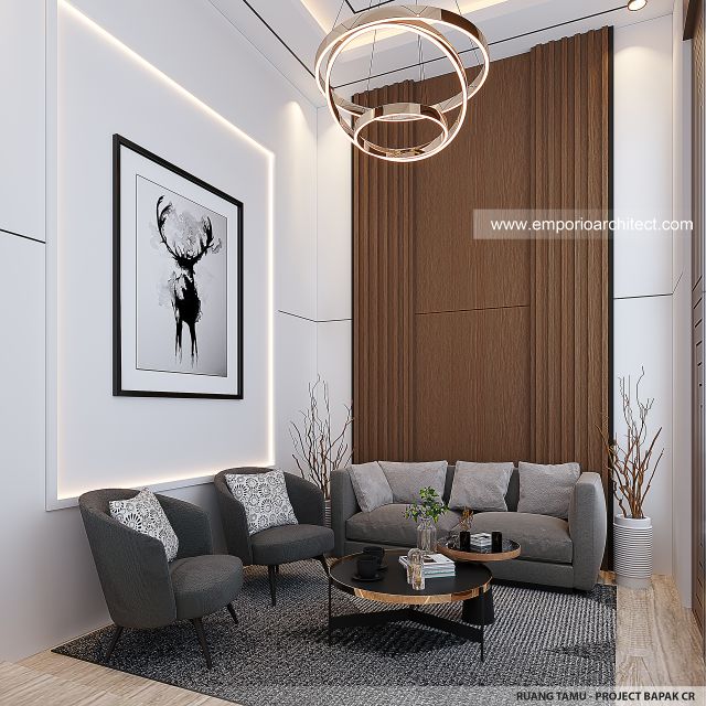 Desain Ruang Tamu Rumah Modern 3 Lantai Bapak CR di PIK 2, Tangerang