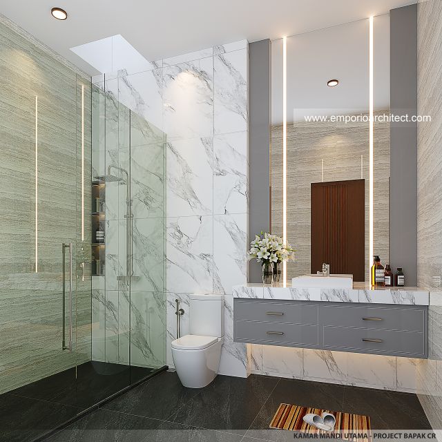 Desain Kamar Mandi Utama Rumah Modern 3 Lantai Bapak CR di PIK 2, Tangerang