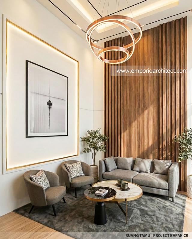 Desain Ruang Tamu Rumah Modern 3 Lantai Bapak CR di PIK 2, Tangerang