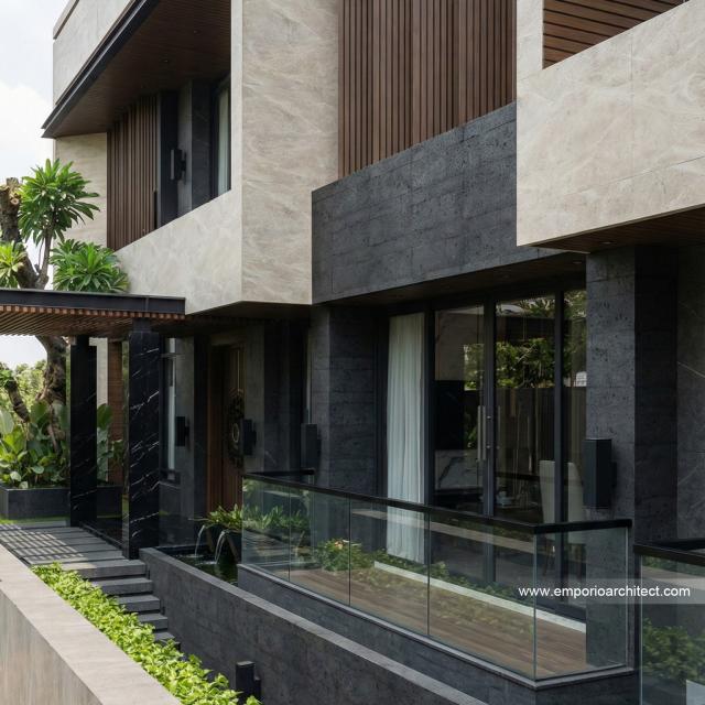 Desain Tampak Detail Depan 5 Rumah Modern 3 Lantai Bapak RZ di Tegal, Jawa Tengah