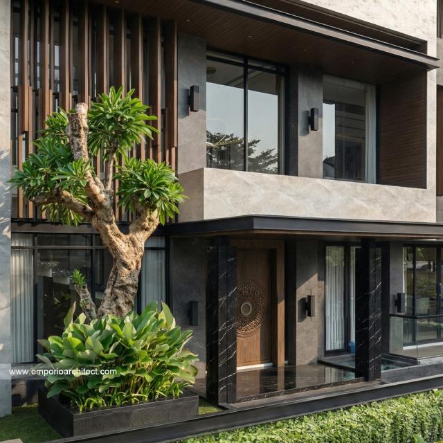 Desain Tampak Detail Depan 2 Rumah Modern 3 Lantai Bapak RZ di Tegal, Jawa Tengah