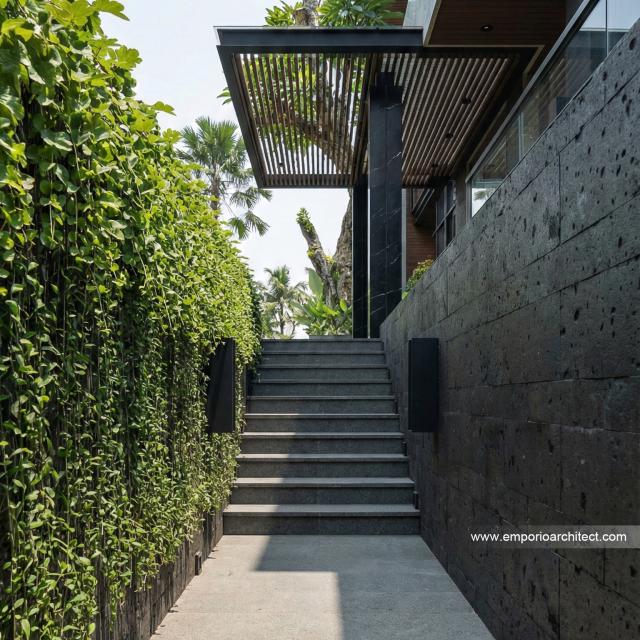 Desain Tampak Detail Depan 4 Rumah Modern 3 Lantai Bapak RZ di Tegal, Jawa Tengah
