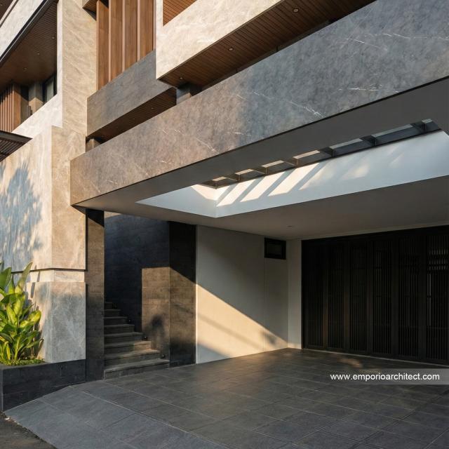Desain Tampak Detail Depan Rumah Modern 3 Lantai Bapak RZ di Tegal, Jawa Tengah