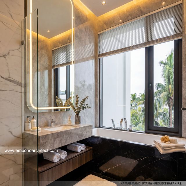 Desain Kamar Mandi Utama Rumah Modern 3 Lantai Bapak RZ di Tegal, Jawa Tengah
