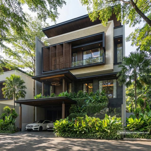 Desain Tampak Depan 2 Rumah Modern 3 Lantai Ibu INK di PIK 2, Tangerang