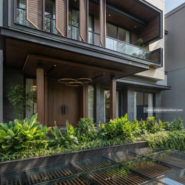 Desain Tampak Detail Depan 2 Rumah Modern 3 Lantai Ibu INK di PIK 2, Tangerang