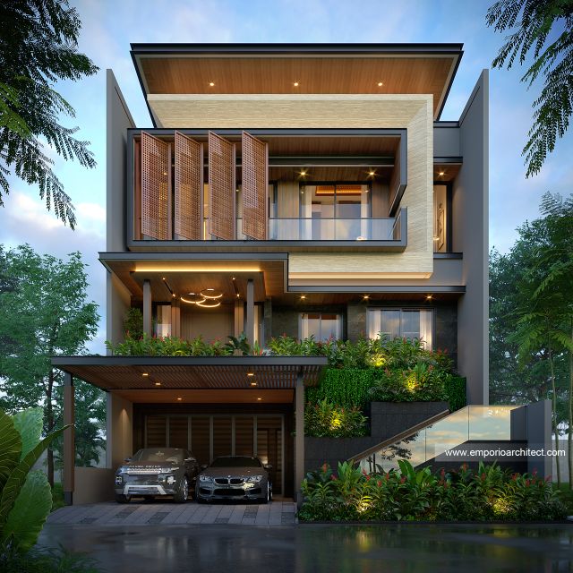 Desain Tampak Depan Rumah Modern 3 Lantai Ibu INK di PIK 2, Tangerang