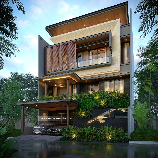 Desain Tampak Depan 2 Rumah Modern 3 Lantai Ibu INK di PIK 2, Tangerang
