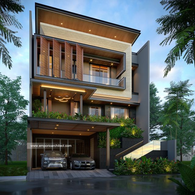 Desain Tampak Depan 3 Rumah Modern 3 Lantai Ibu INK di PIK 2, Tangerang