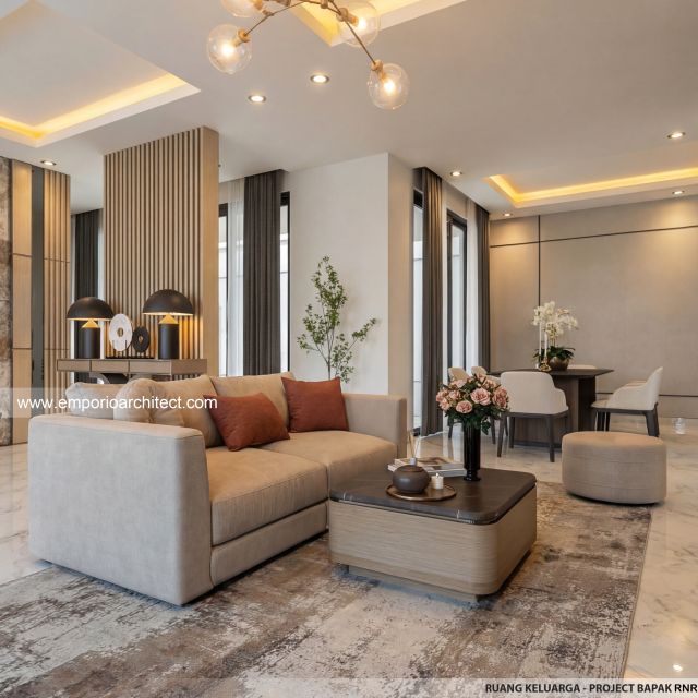 Desain Ruang Keluarga Rumah Modern 3 Lantai Bapak RNR di Bali