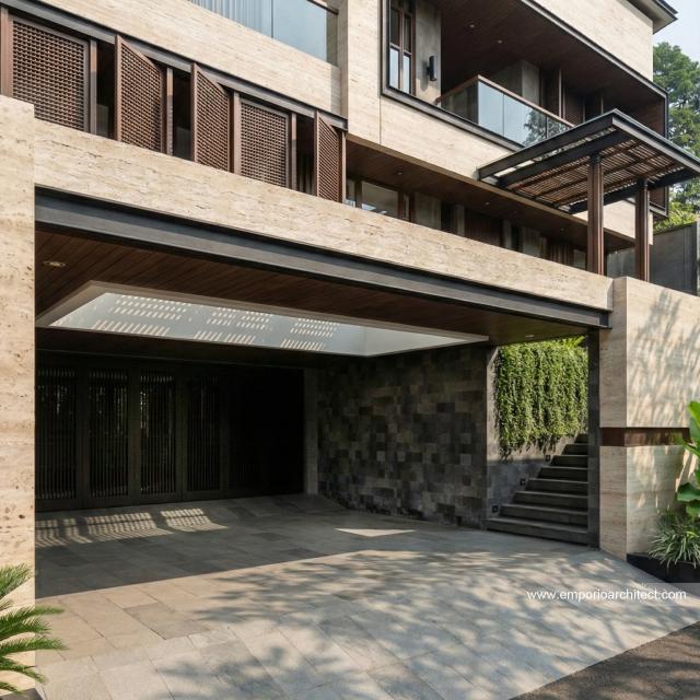 Desain Tampak Detail Depan Rumah Modern 3 Lantai Ibu VBB di Bandung