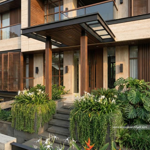 Desain Tampak Detail Depan 2 Rumah Modern 3 Lantai Ibu VBB di Bandung