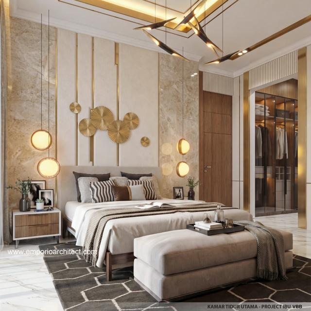 Desain Kamar Tidur Utama Rumah Modern 3 Lantai Ibu VBB di Bandung
