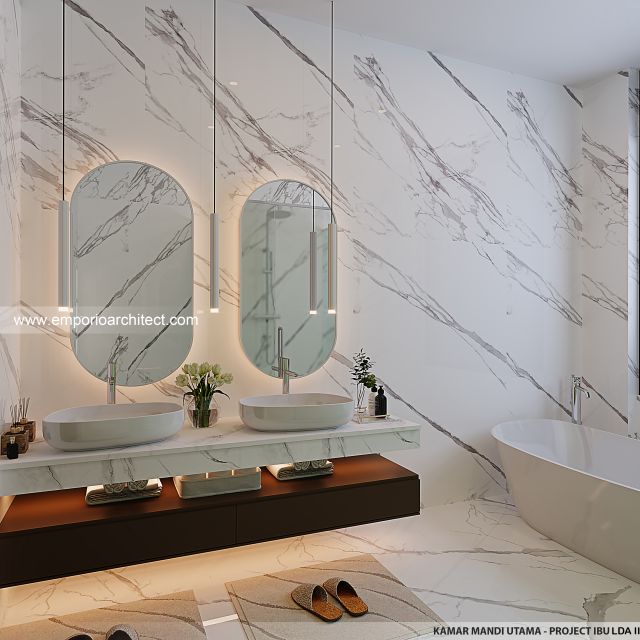 Desain Kamar Mandi Utama Rumah Modern 3 Lantai Ibu LDA II di Surabaya