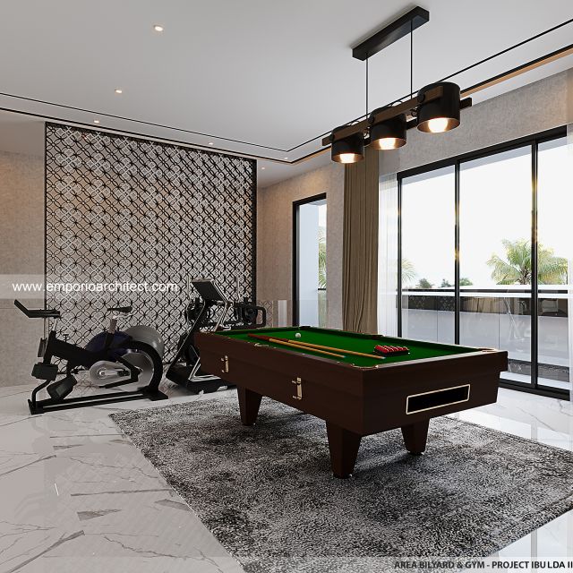 Desain Area Billyard dan Gym Rumah Modern 3 Lantai Ibu LDA II di Surabaya
