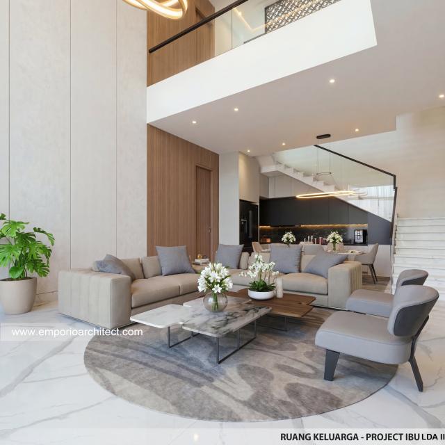 Desain Ruang Keluarga Rumah Modern 3 Lantai Ibu LDA II di Surabaya