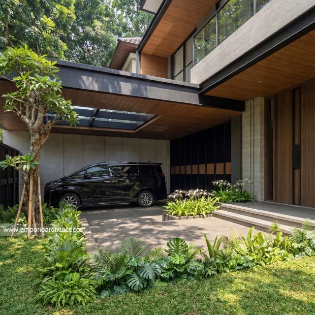 Desain Tampak Detail Depan Rumah Modern 3 Lantai Ibu LDA II di Surabaya