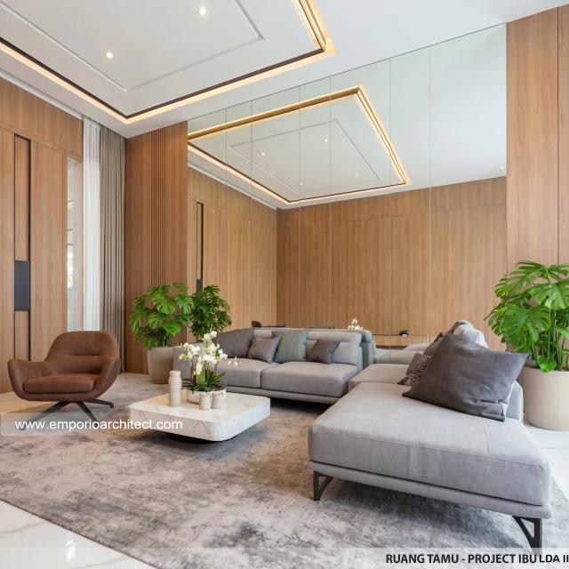 Desain Ruang Tamu Rumah Modern 3 Lantai Ibu LDA II di Surabaya