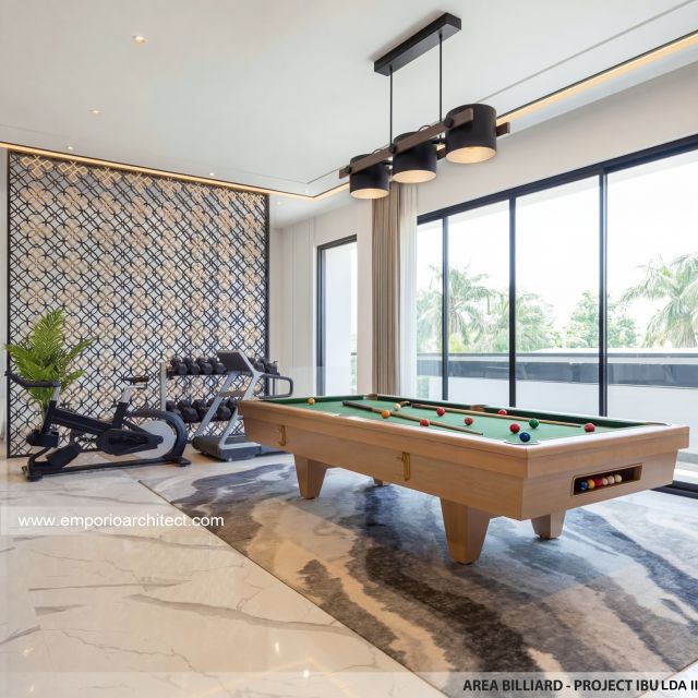 Desain Area Billyard Rumah Modern 3 Lantai Ibu LDA II di Surabaya