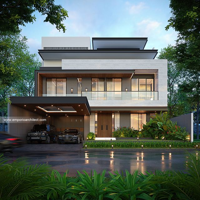 Desain Tampak Depan Rumah Modern 3 Lantai Ibu LDA II di Surabaya