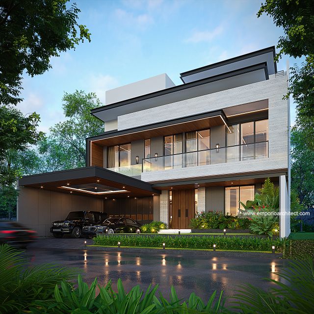 Desain Tampak Depan 2 Rumah Modern 3 Lantai Ibu LDA II di Surabaya