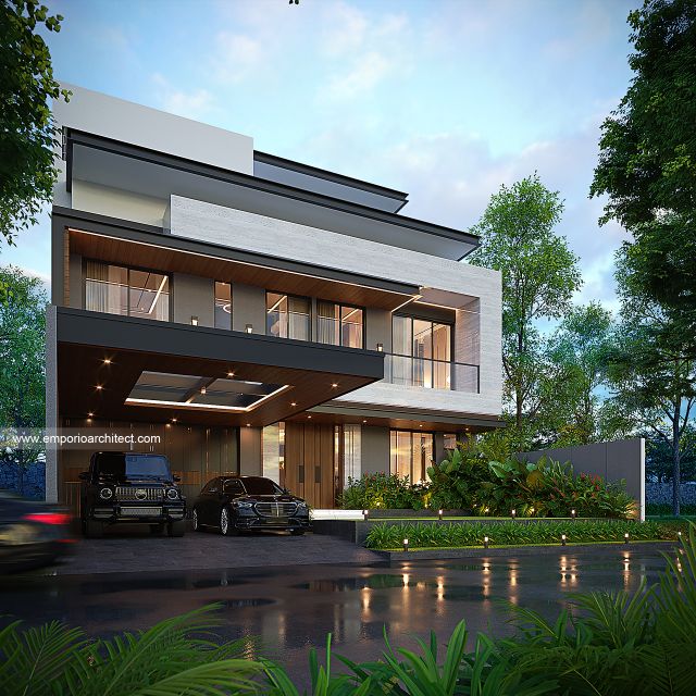 Desain Tampak Depan 3 Rumah Modern 3 Lantai Ibu LDA II di Surabaya