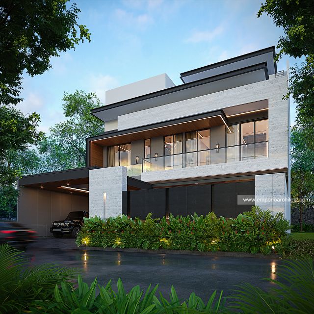 Desain Tampak Depan Dengan Pagar Rumah Modern 3 Lantai Ibu LDA II di Surabaya