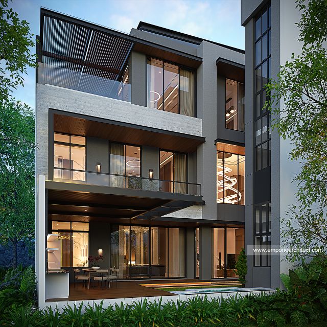 Desain Tampak Belakang Rumah Modern 3 Lantai Ibu LDA II di Surabaya