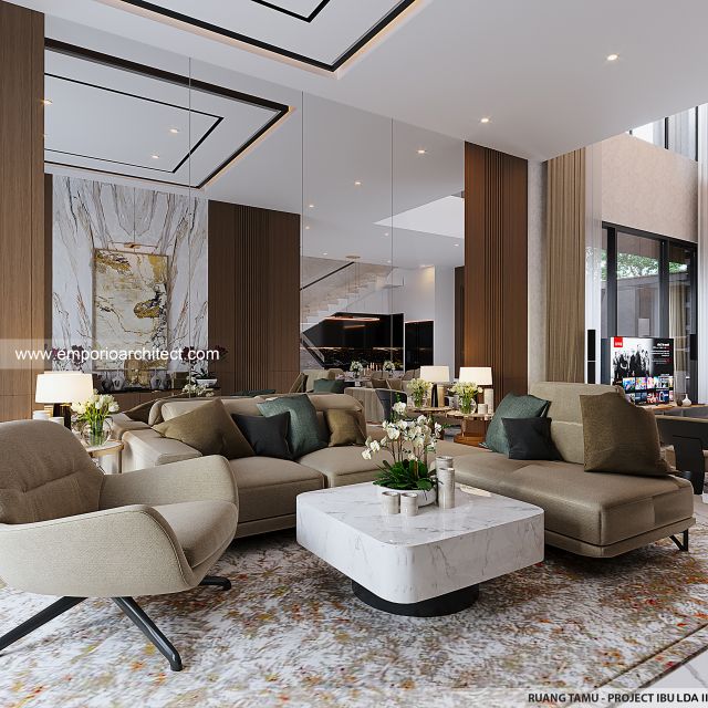Desain Ruang Tamu Rumah Modern 3 Lantai Ibu LDA II di Surabaya